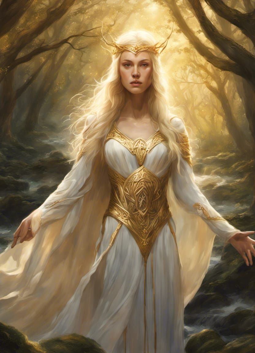Elven Queen Galadriel in Golden Forest, Celtic Art
