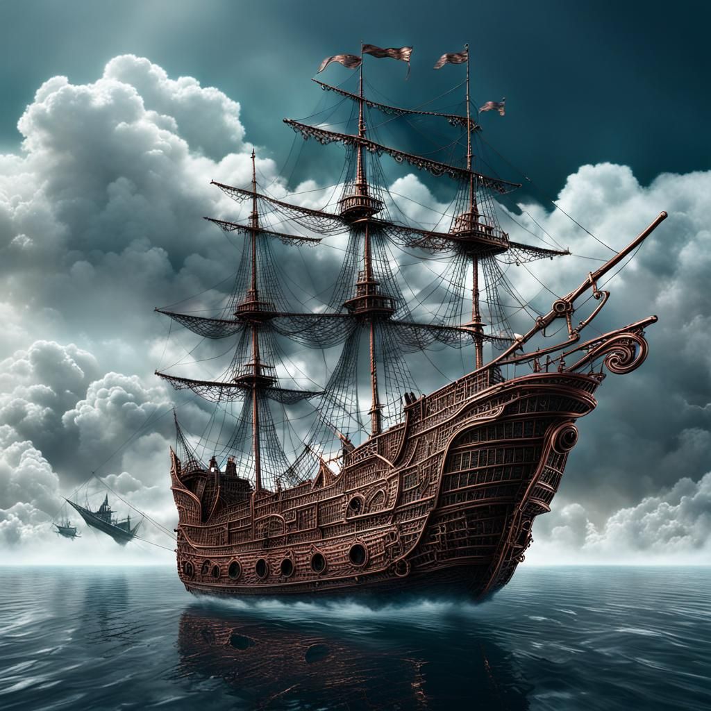 Copper Wire Pirate Ship Among Silver Clouds