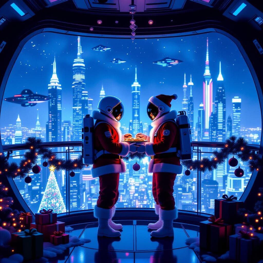 Astronaut Santa Bakes Cookies on Spaceship Balcony Over Futu...
