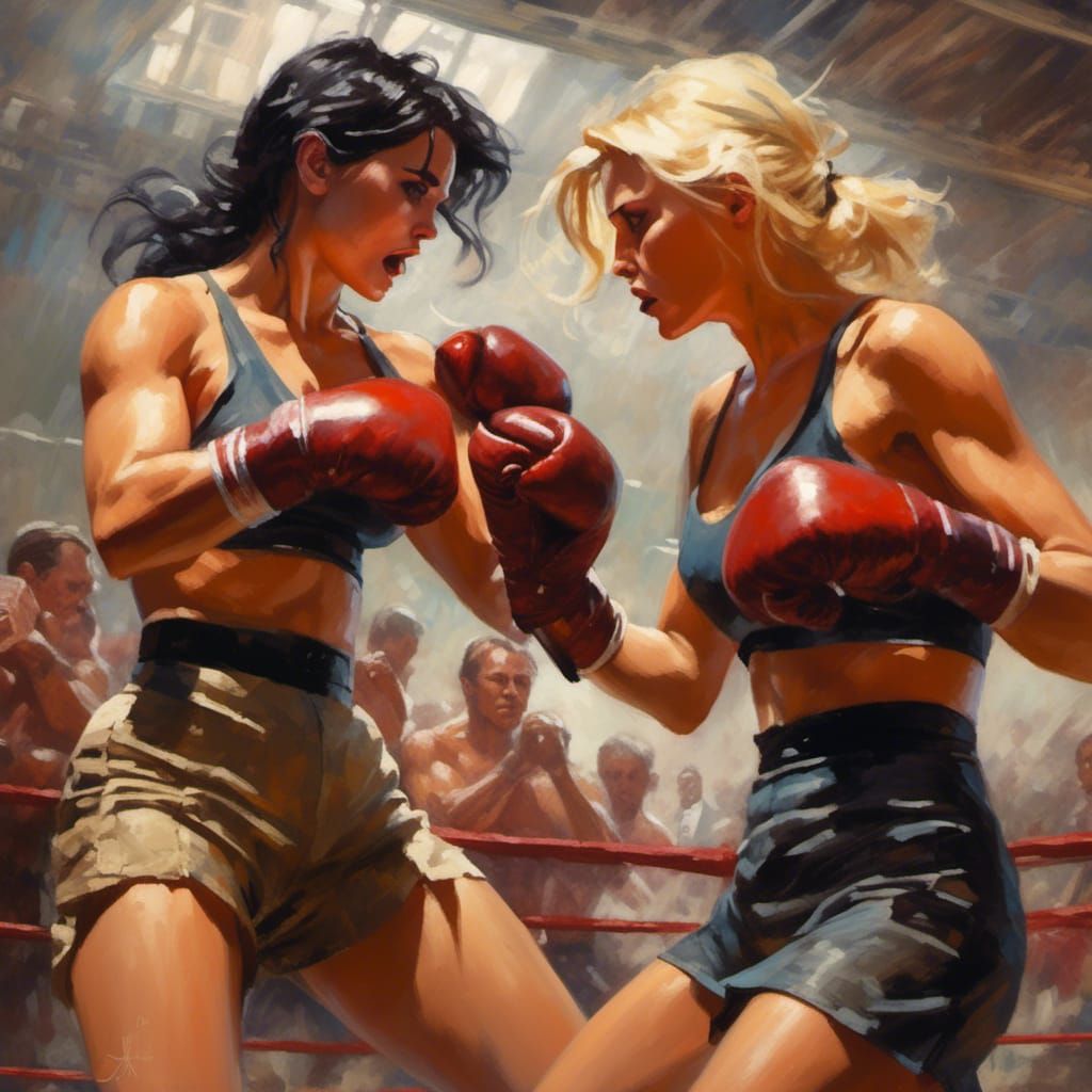 Brutal Women's Boxing Match in Comic Book Style
