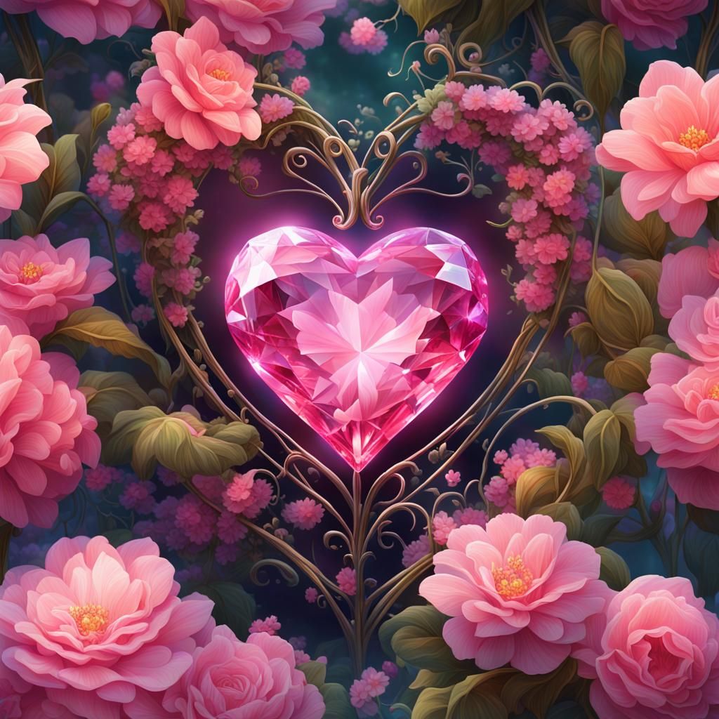 Pink Crystal Heart in Fantasy Garden