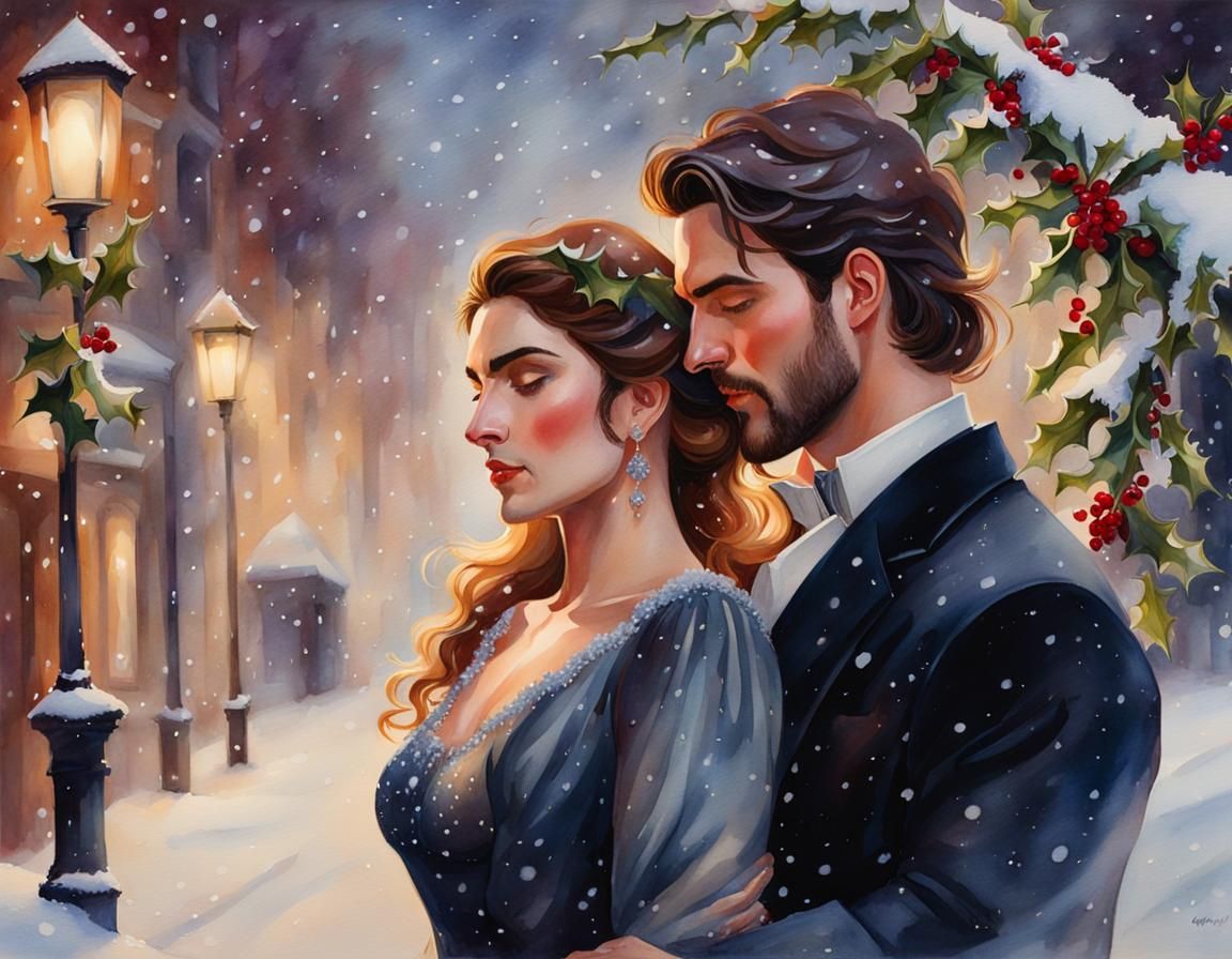 Romantic Watercolor: Couple's Embrace in Winter Snow