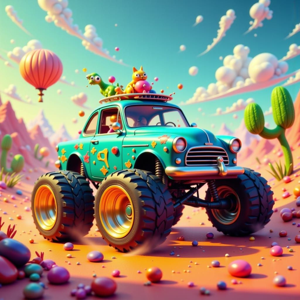 Cartoon Car Speeds Through Whimsical Landscape