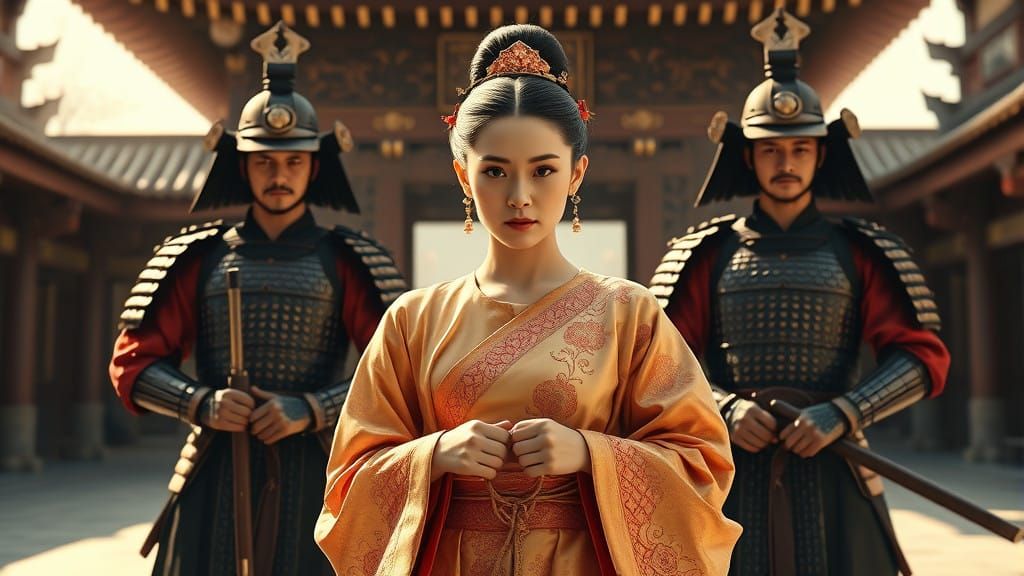 Elegant Noble Lady Defies Samurai in Sunlit Asian Palace Cou...