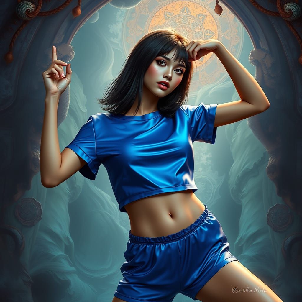 Heroic Woman in Vibrant Blue Satin Attire, Mystical Environm...