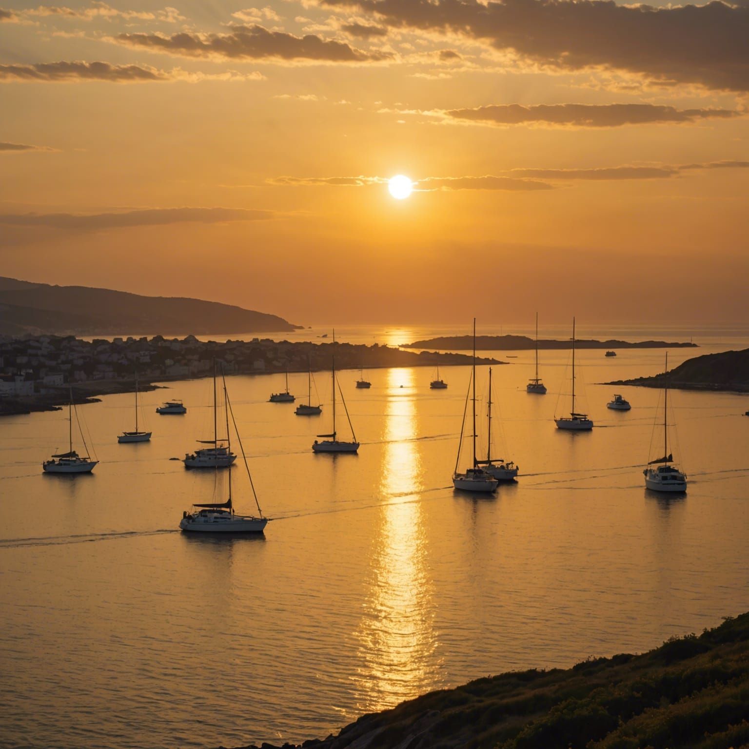 Seacoast Sunset with Distant Boats in Golden Light