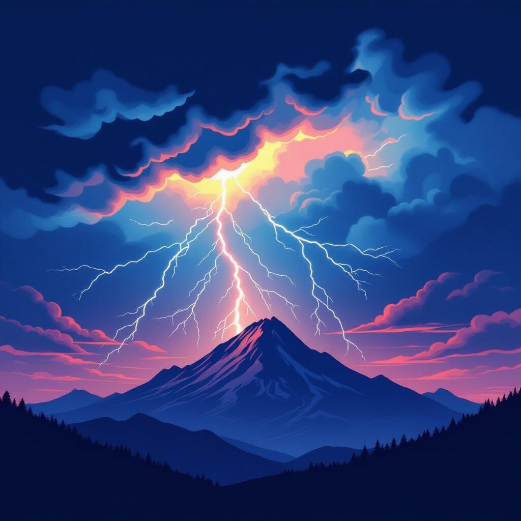 Dramatic Lightning Storm Over Mountain Silhouette