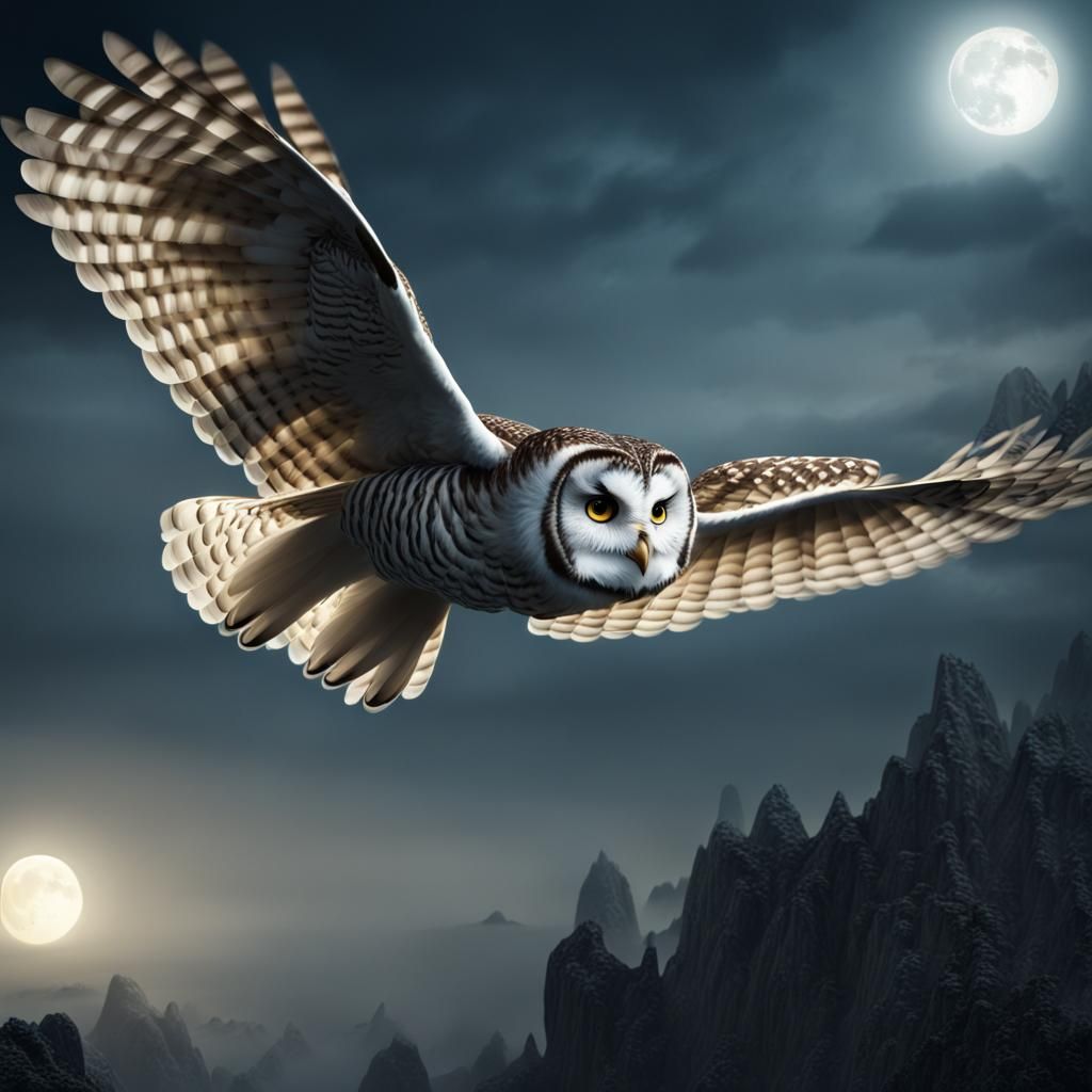 Owl in Moonlit Flight: Detailed Matte Painting