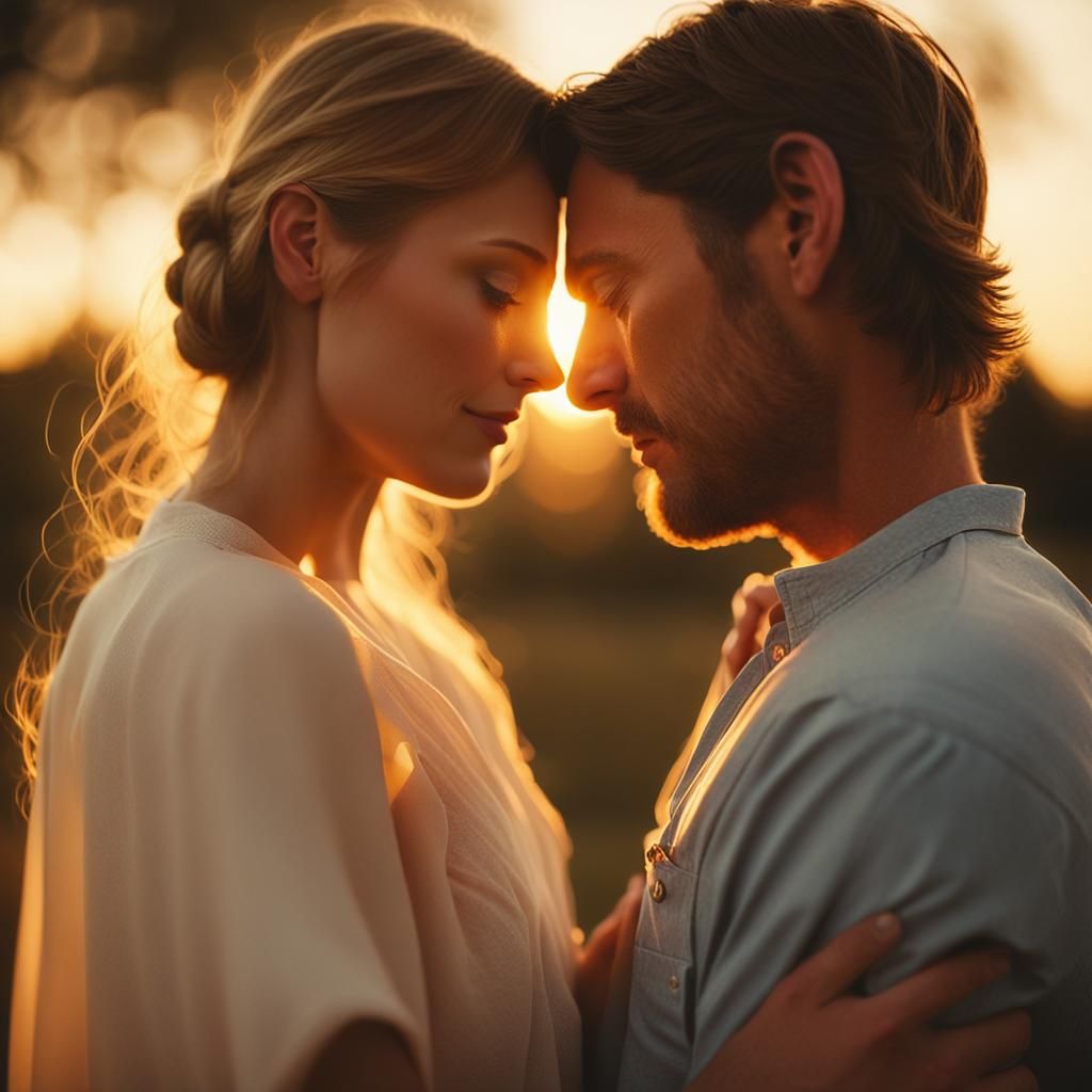 Romantic Couple Embracing in Golden Hour Light