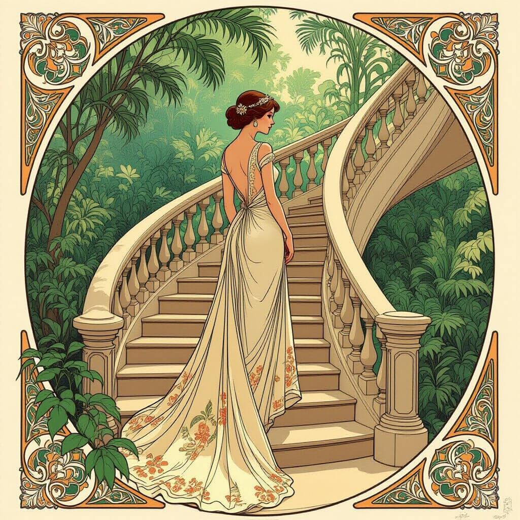 Elegant Woman on Staircase in Art Nouveau Style