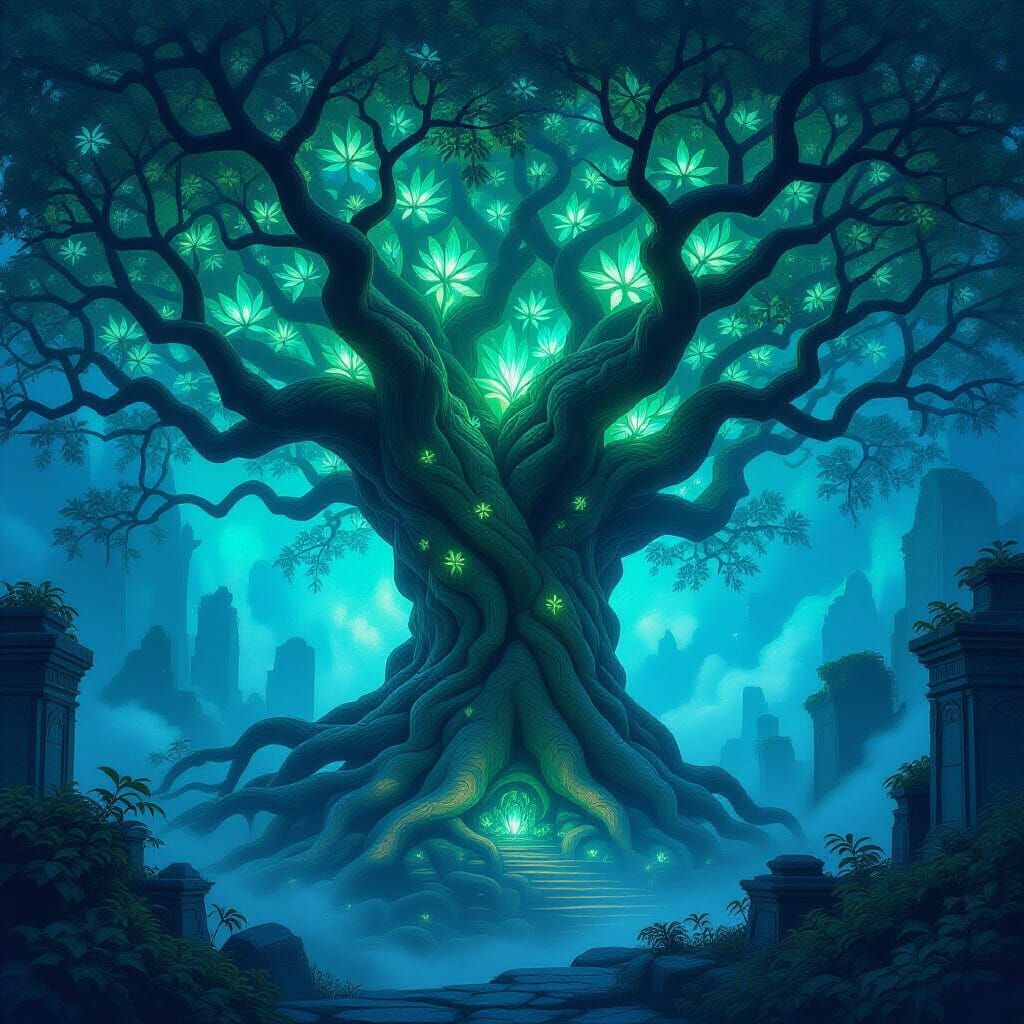 Ancient Bioluminescent Tree in Starlit Forest