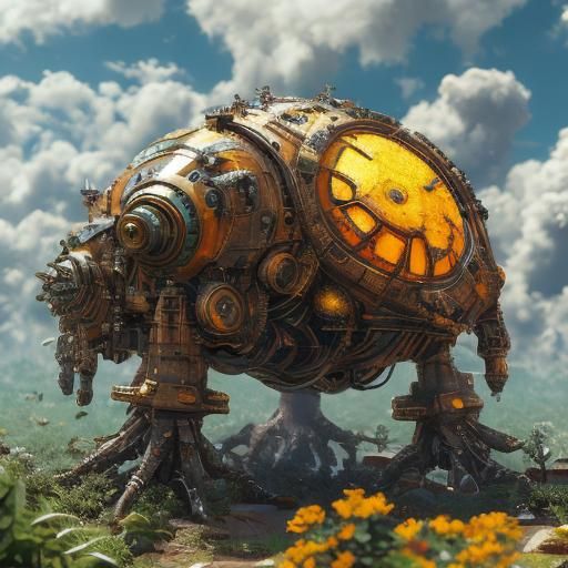 Steampunk Mechanoid Alien Gardener in Divine Light