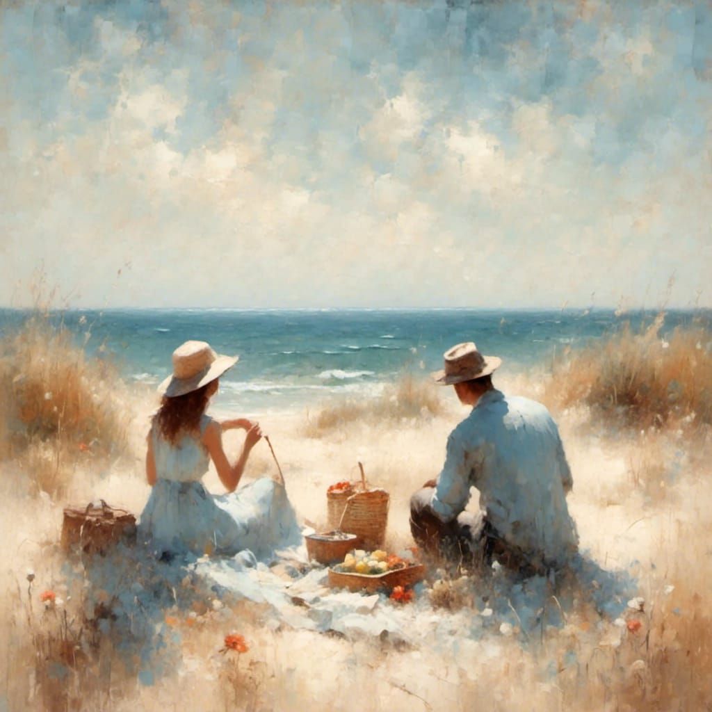 Romantic Beach Picnic in Impressionistic Style