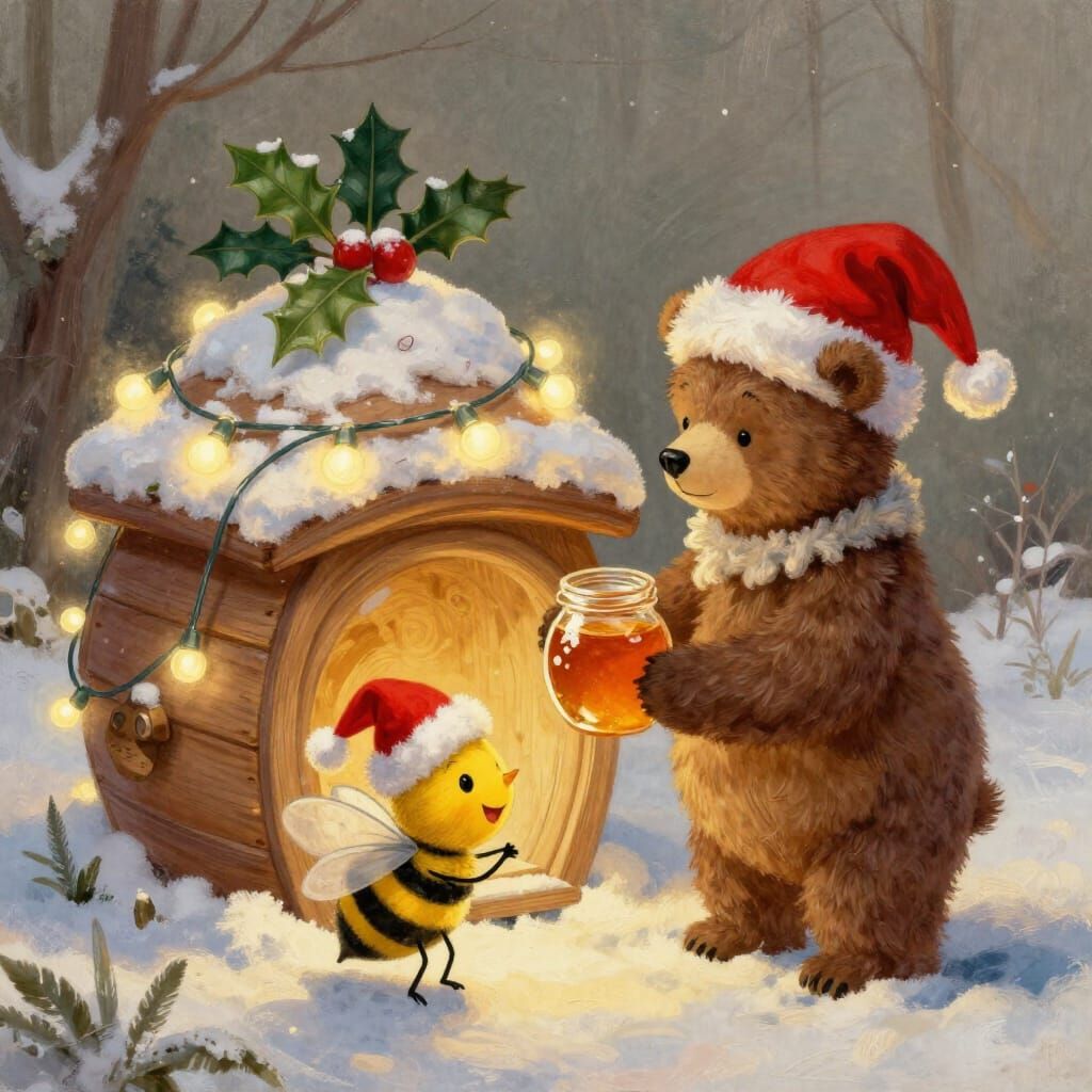 Festive Christmas Card: Bear and Bee Exchanging Honey