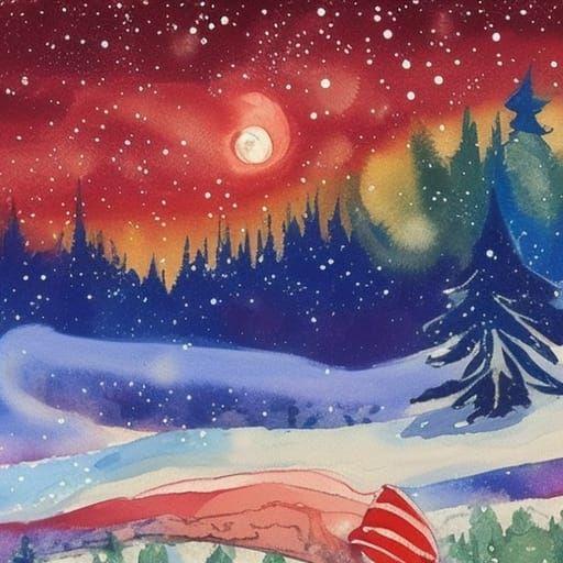 Santa's Sleigh in Snowy Landscape, Gouache Style