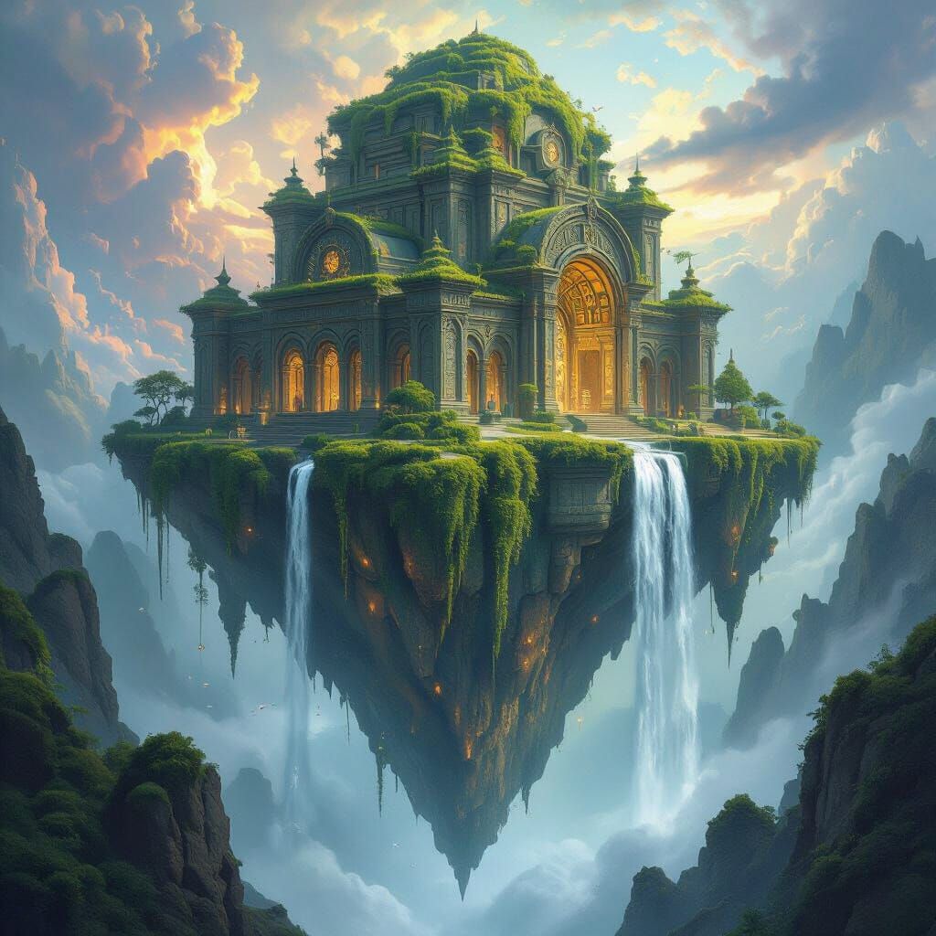 Majestic Floating Island Library with Glowing Runes