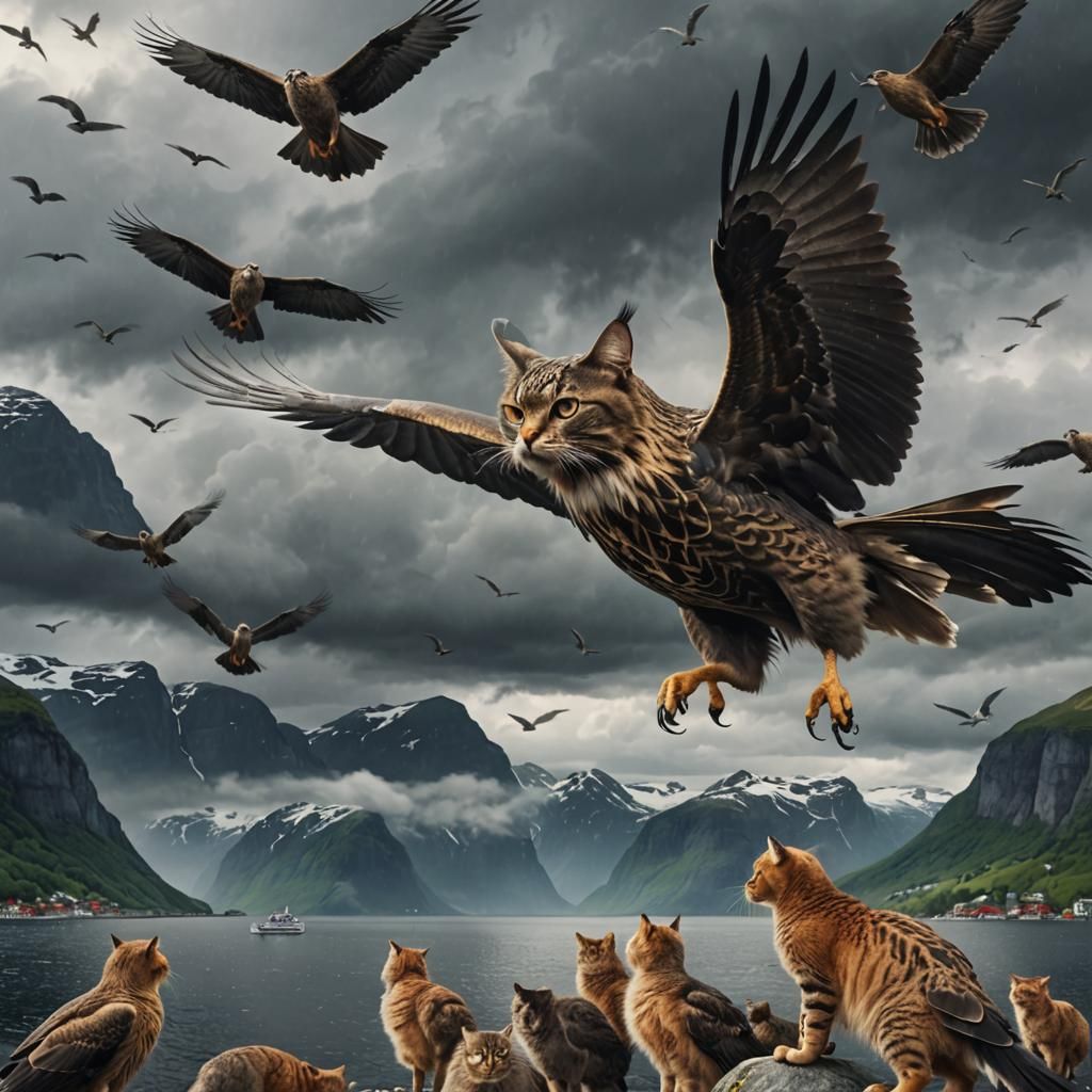 Hyperrealistic Cat-Bird Soaring Over Norwegian Fjord