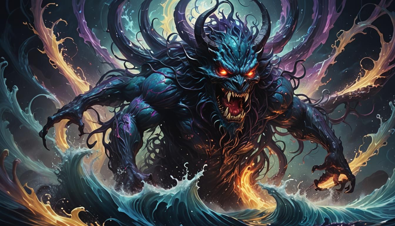 Ethereal Demon Emerges from Iridescent Vortex