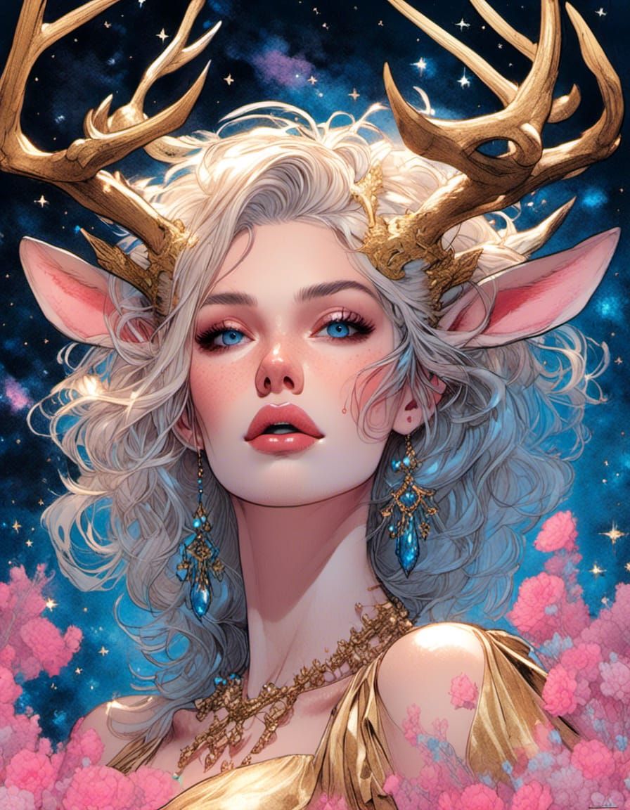 Comic Art Woman with Antlers at Moonrise