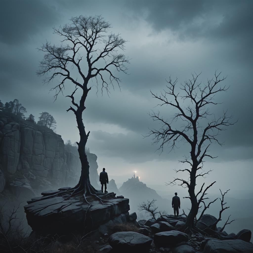 Surreal Landscape with Lone Figure Amidst Twisted Trees