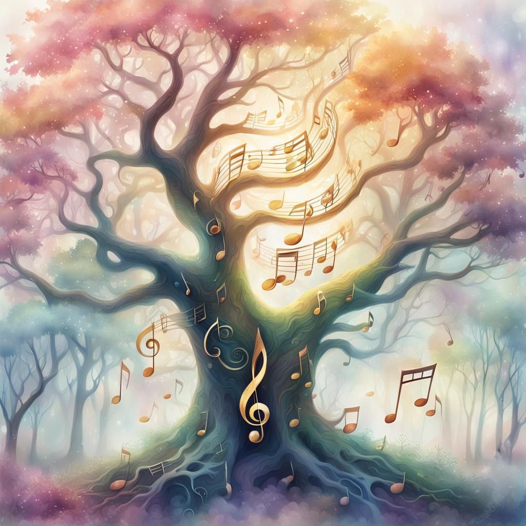 Mystical Forest Tree with Musical Note Branches