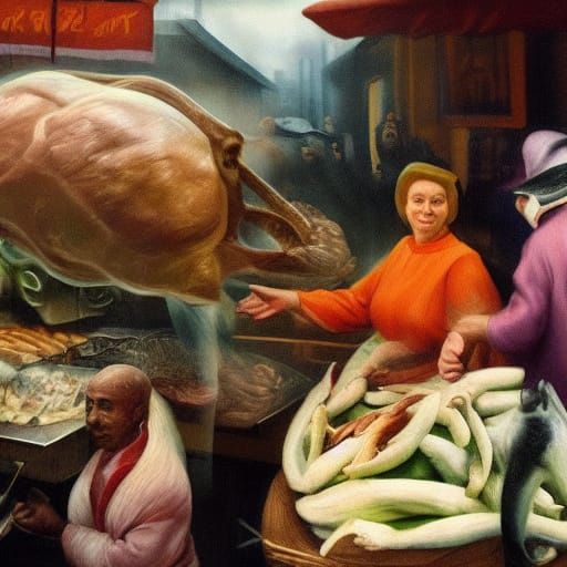 Alien Rabbit Meat Market in Surrealist Oil Painting