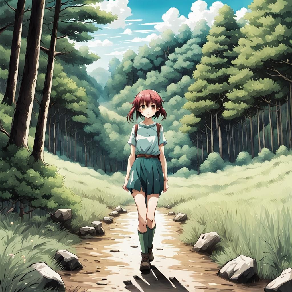 Manga Girl Walks Through Forest Valley