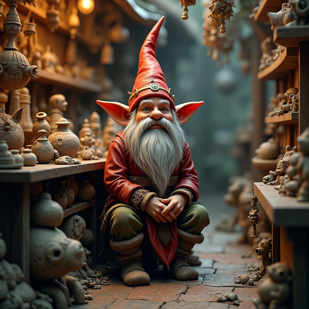 Ultra realistic and ultra detailed pictures of a gnome merchant sitting at store selling intricate sculpture and other a...