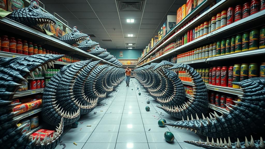 Surreal Grocery Store with Alligator Teeth and Alien Panic
