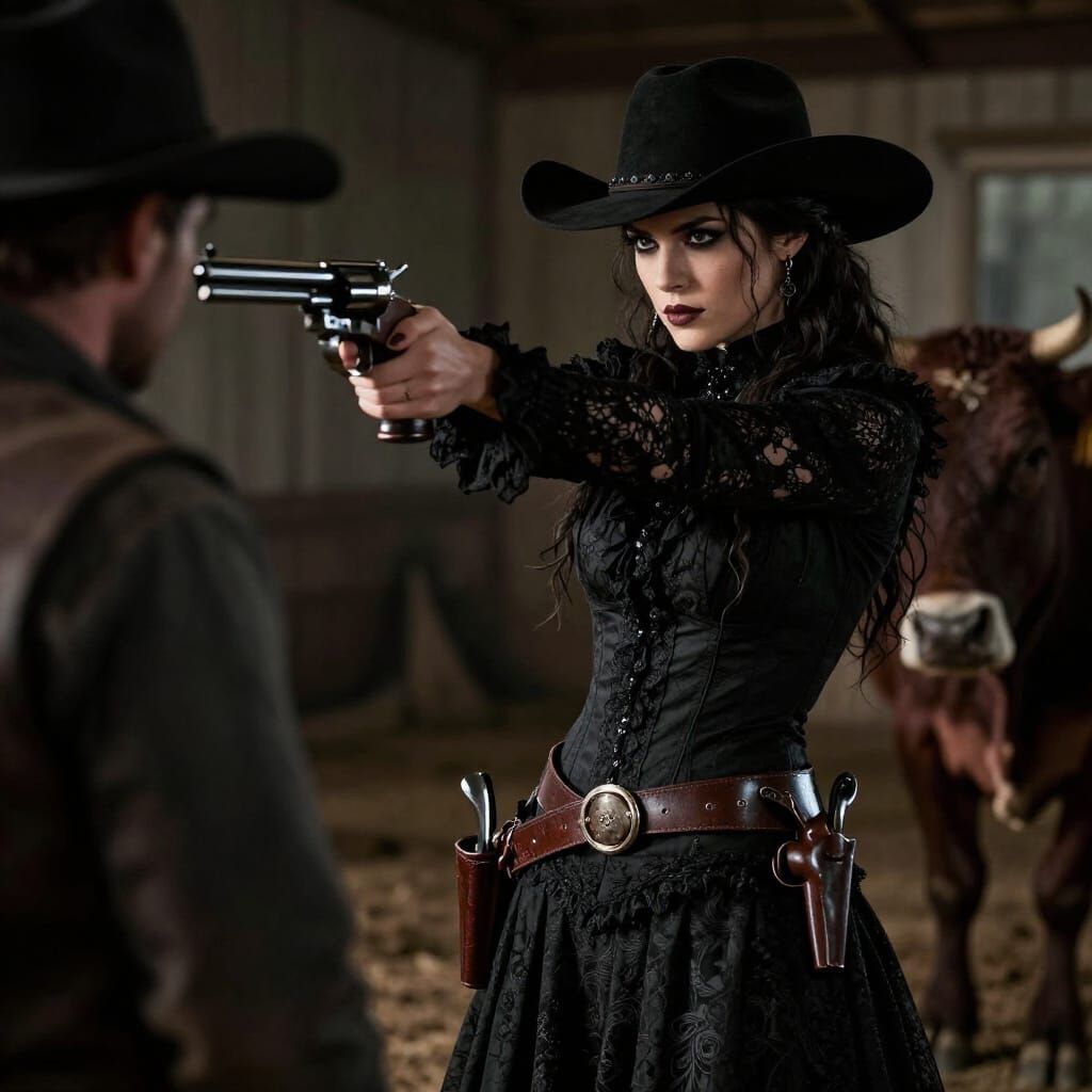 Goth Cowgirl in Western Era with Colt Peacemaker