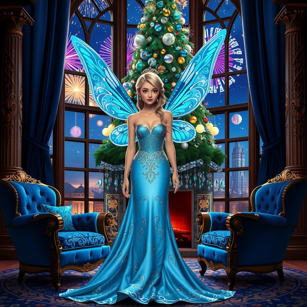 Ethereal Fairy Goddess Watches Christmas Fireworks in a Maje...