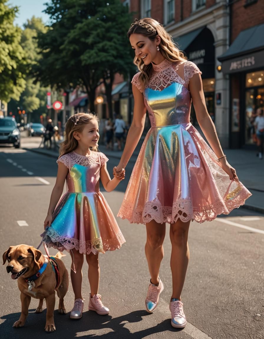 Mother and Daughter Petting Dog in Shiny Plastic Lace