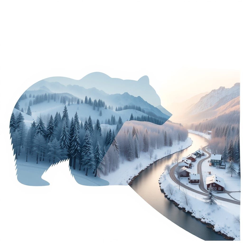 Dreamlike Fractal Landscape with Bear and Winter Village