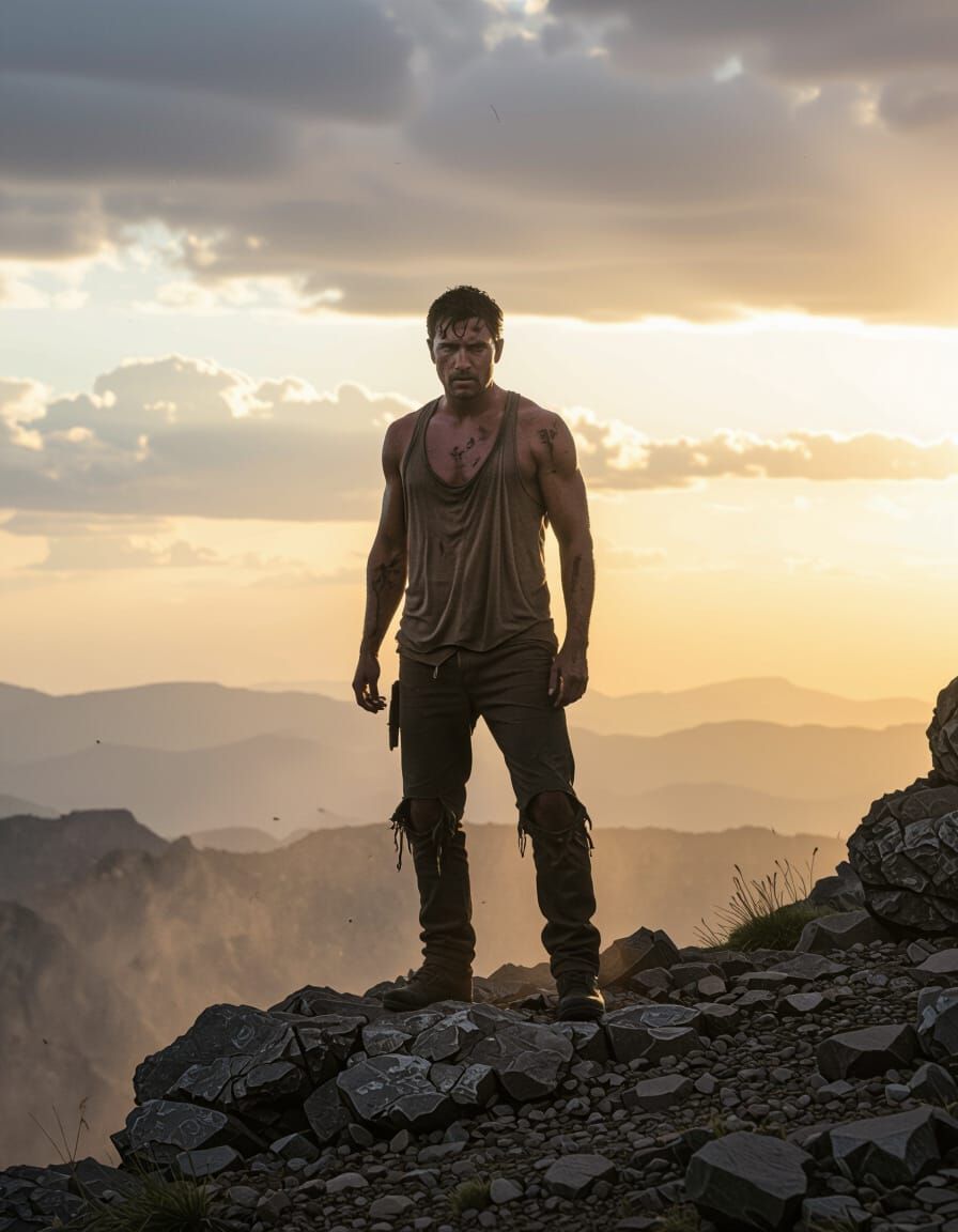 Determined Man on Mountain at Dawn