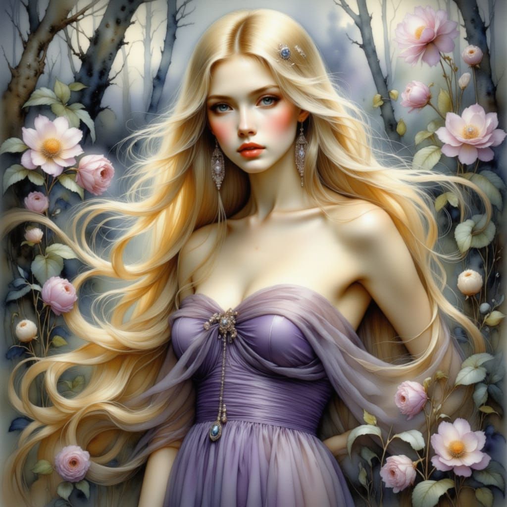 Blonde Woman in Purple Dress Amidst Flowers