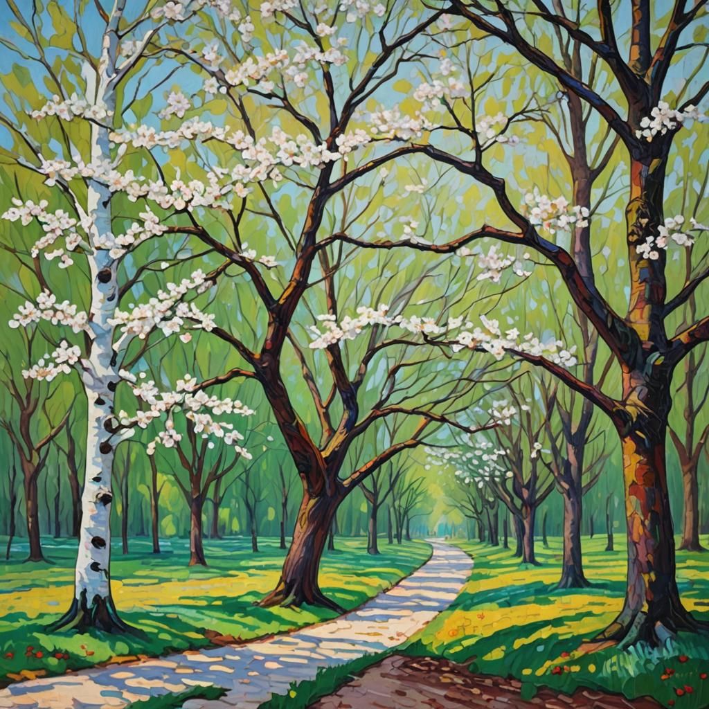 Cherry Trees in Bloom: Neo-Impressionist Oil Painting