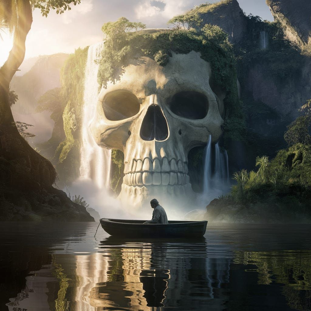 Ethereal Waterfall Scene with Skull
