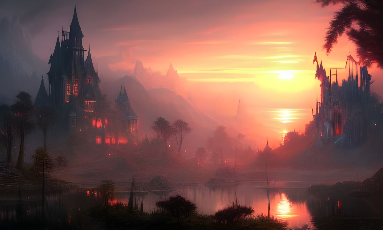 Crystal Castle Sunset: Dark Fantasy Art