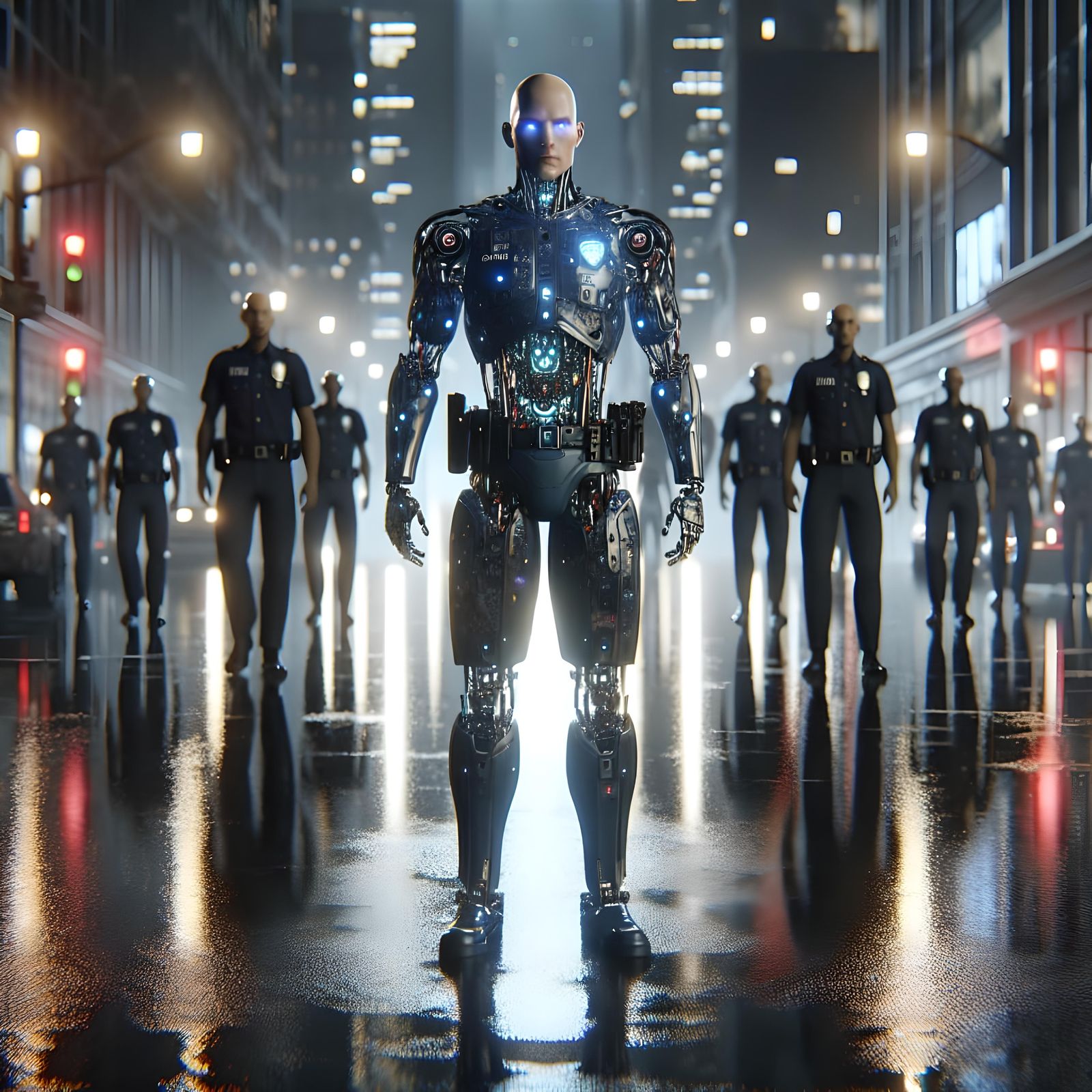 Cyborg Police Officer on Rainy City Street
