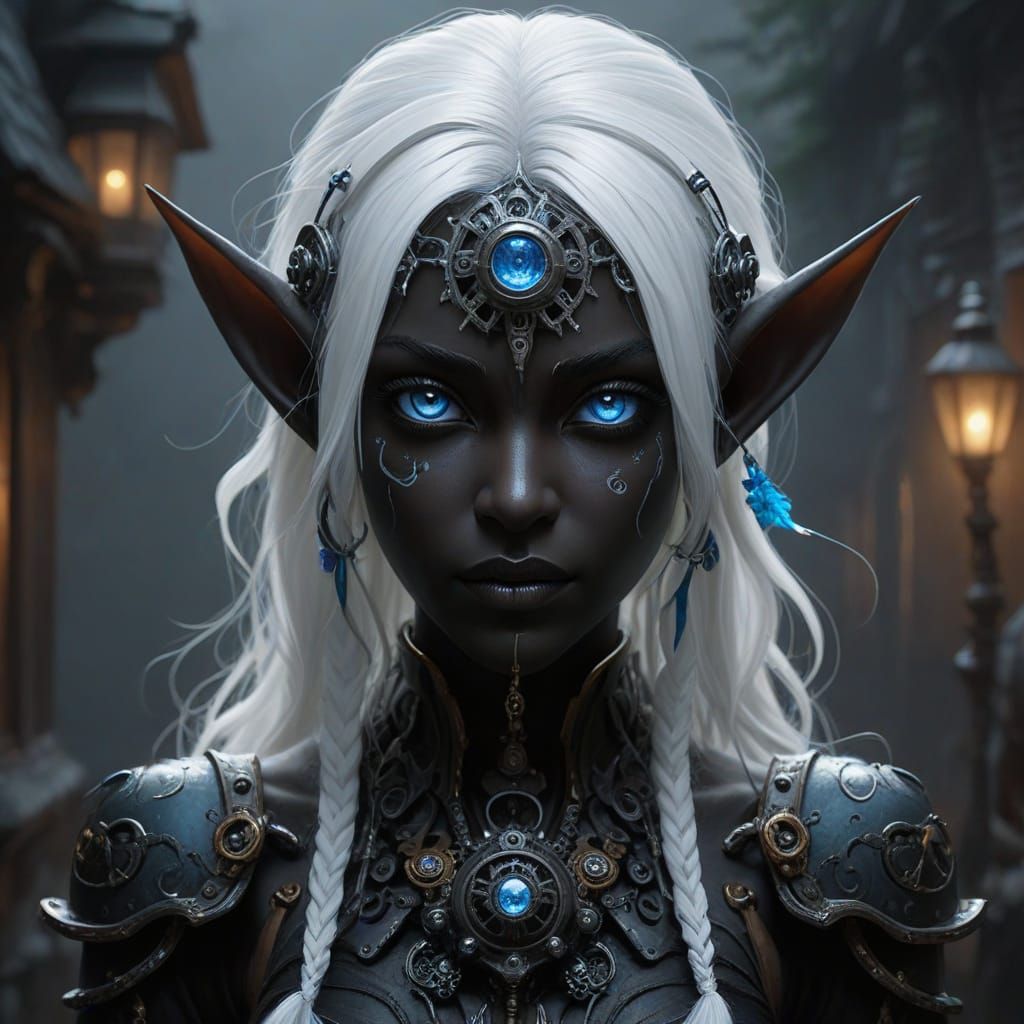 Steampunk Elf with Electric Blue Eyes in Ethereal Mist