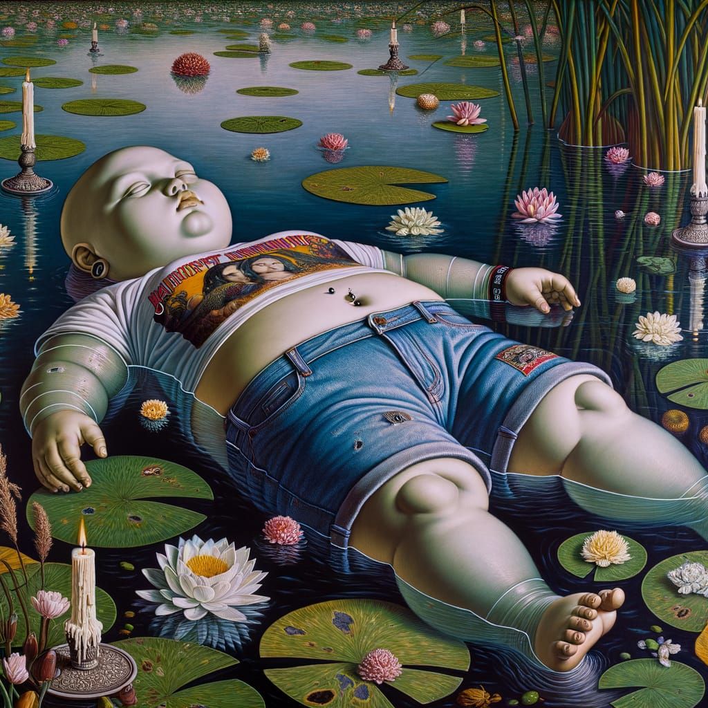 a clear plastic sculpture of a plump girl, flat-chested, floating, lying supine flat on its back, head leaned all the wa...