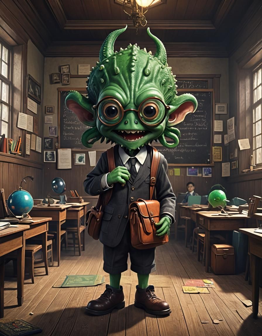 Little Cthulhu's First Day in a Detailed Classroom