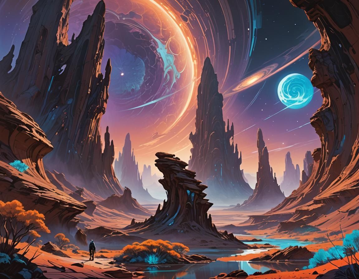 Alien Planet with Bioluminescent Plants, Sci-Fi Illustration