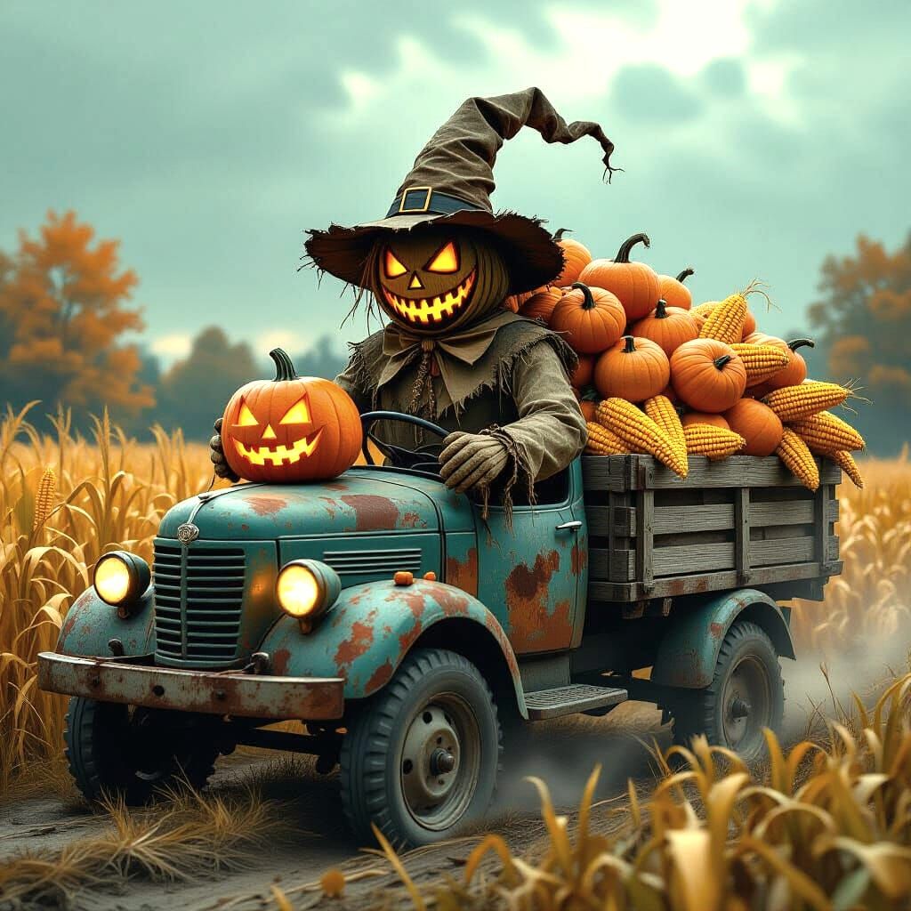 Autumn Harvest Truck Driven by Scarecrow