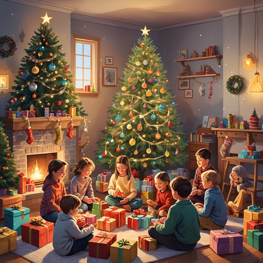 Cozy Christmas Morn with Children Opening Gifts