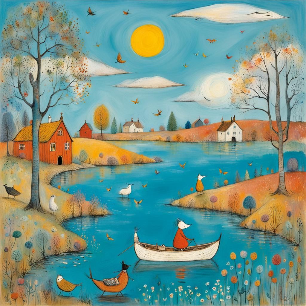 Whimsical Bird with Autumn Leaves and Rainbow