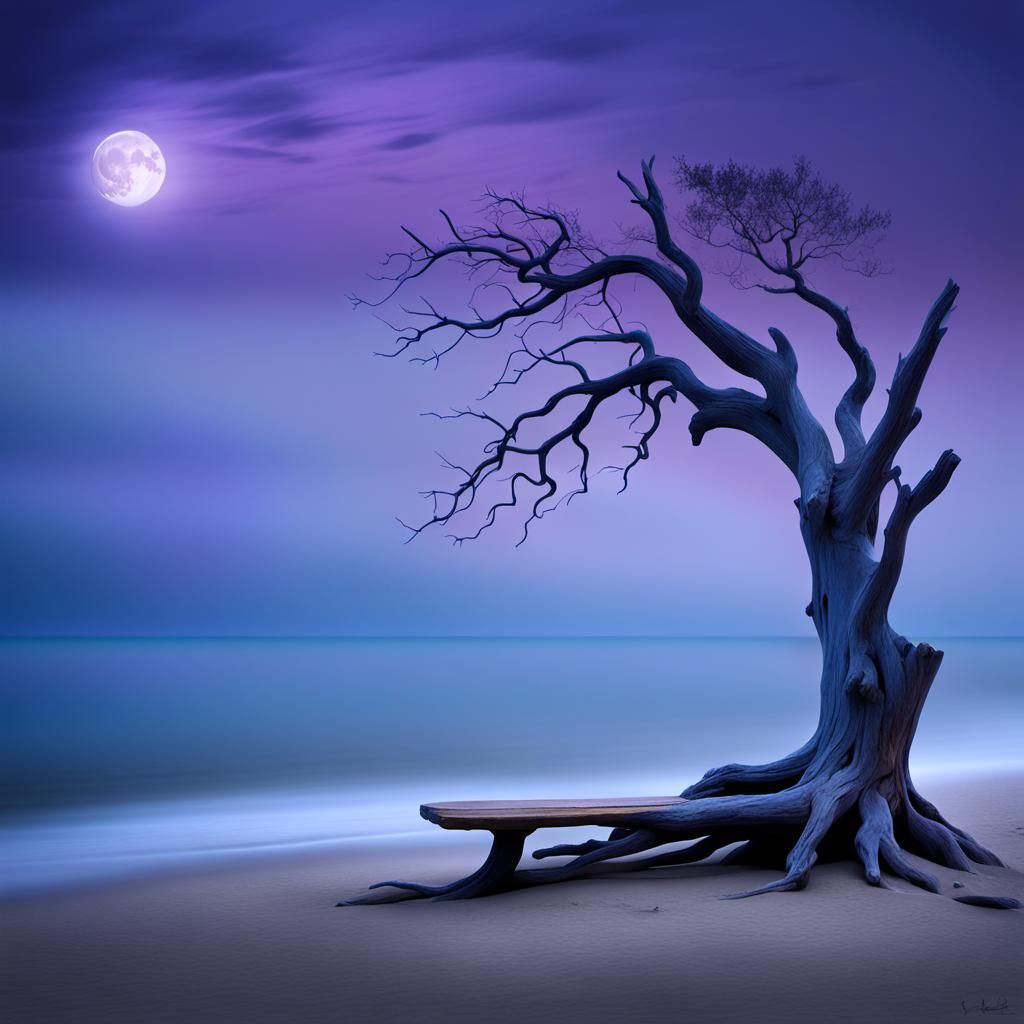 Ethereal Moonlit Beach Portrait in Surreal Style