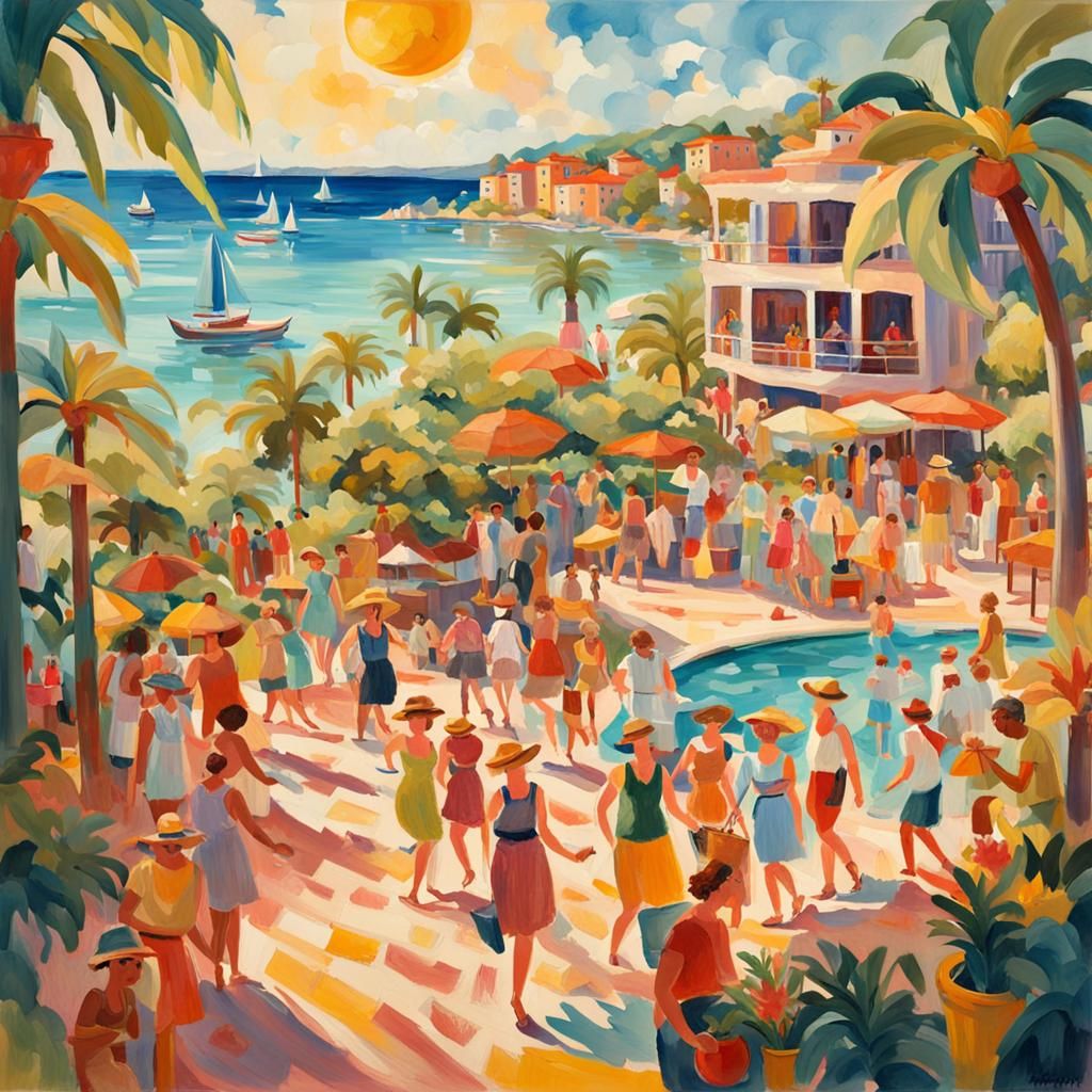 Impressionist Resort Scene in Lively Gouache Style