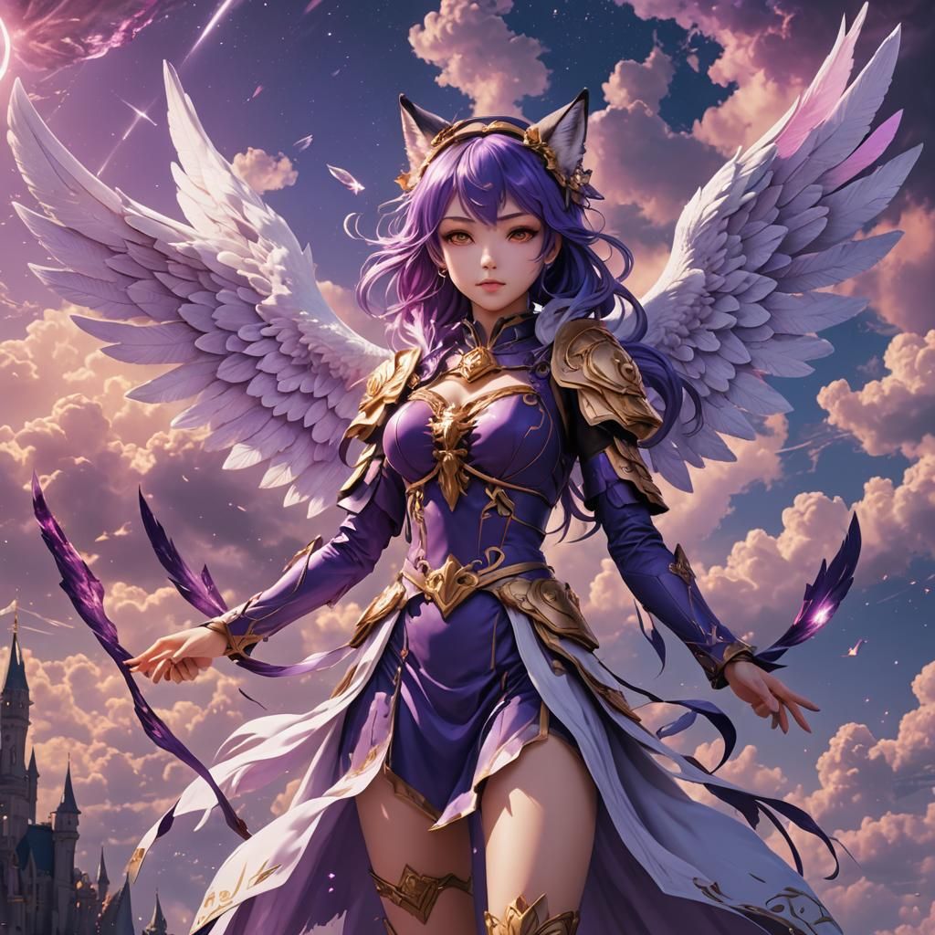 Anime Fox Girl Angel in Purple Sky