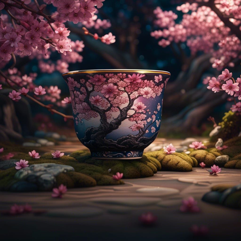Ornate Japanese Teacup in Cherry Blossom Woods